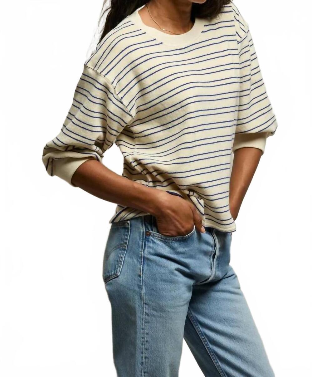 NEW PERFECTWHITETEE roxy loop terry boxy sweatshirt in cobalt/sugar stripe